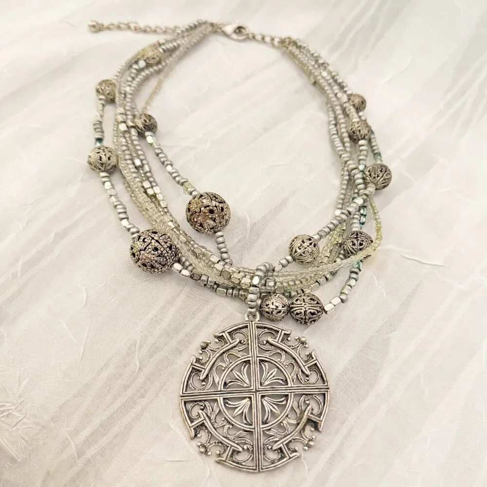 Vintage Inspired Silver Filigree Statement Necklace Multi-Strand Boho Medallion - Picture 2 of 8
